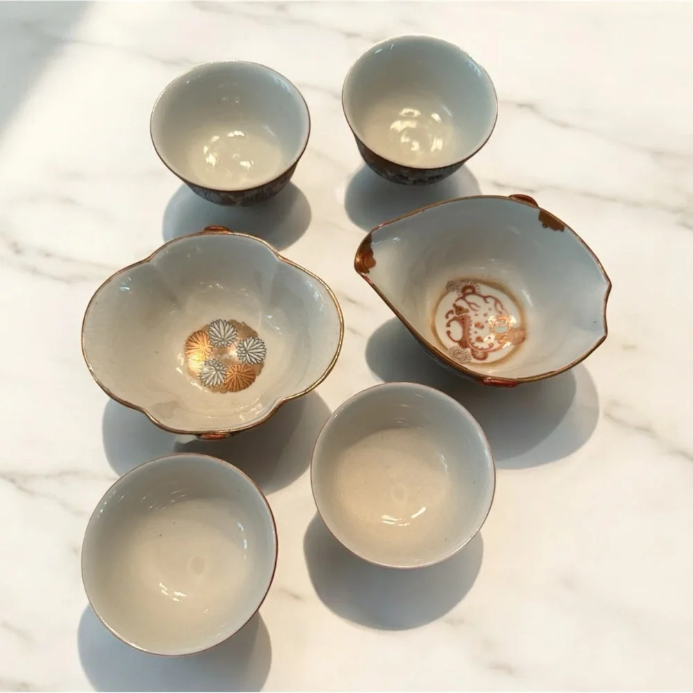 Japanese Kutani Tea Pourer Bowl With Set of Decorative Ceramic Tea Cups Vintage - Picture 2 of 9